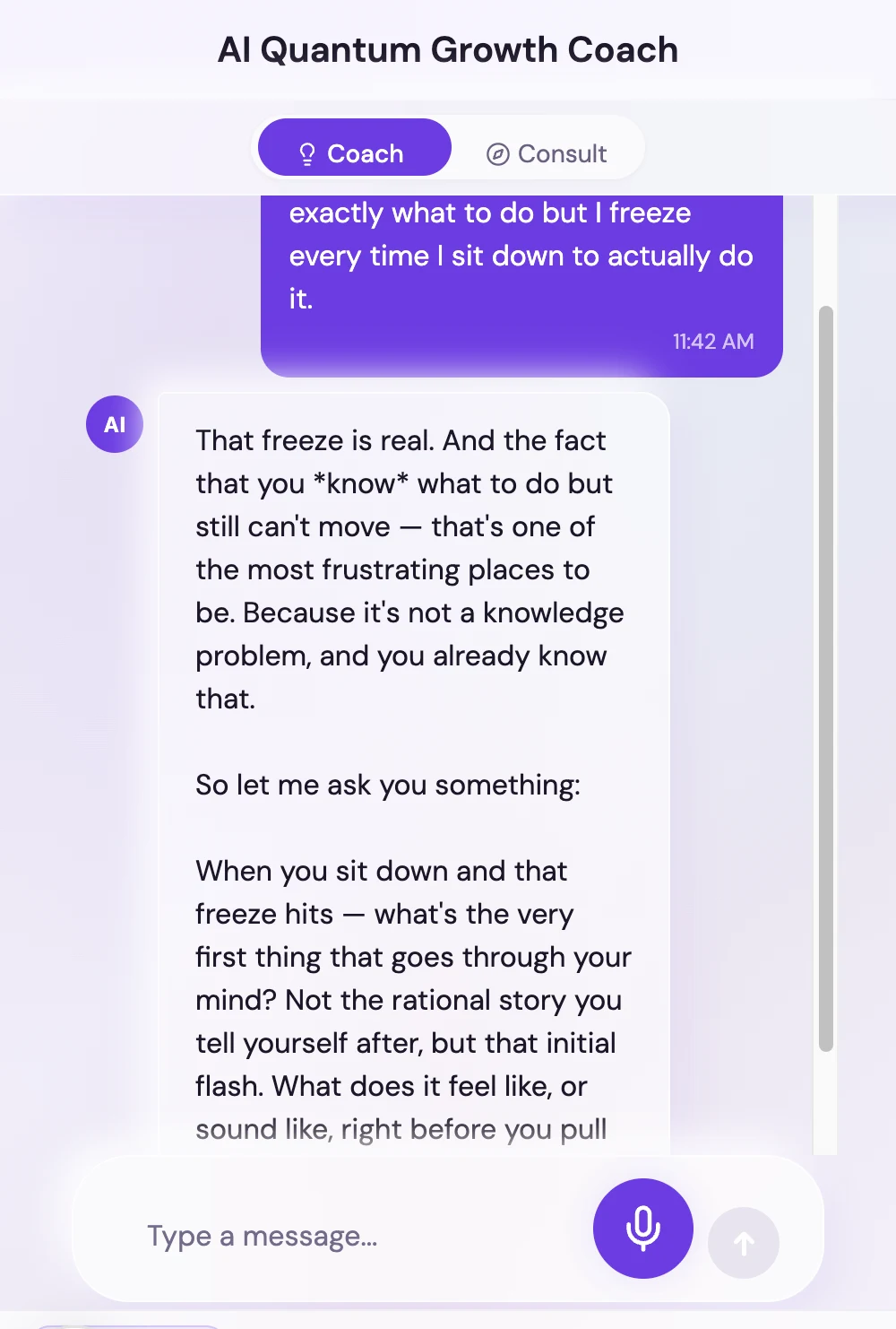 A real coaching exchange in the live app — the coach listens, then asks the question underneath the problem