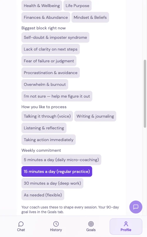 The real coaching profile the app keeps on you — focus, blocks, how you process, what you committed to