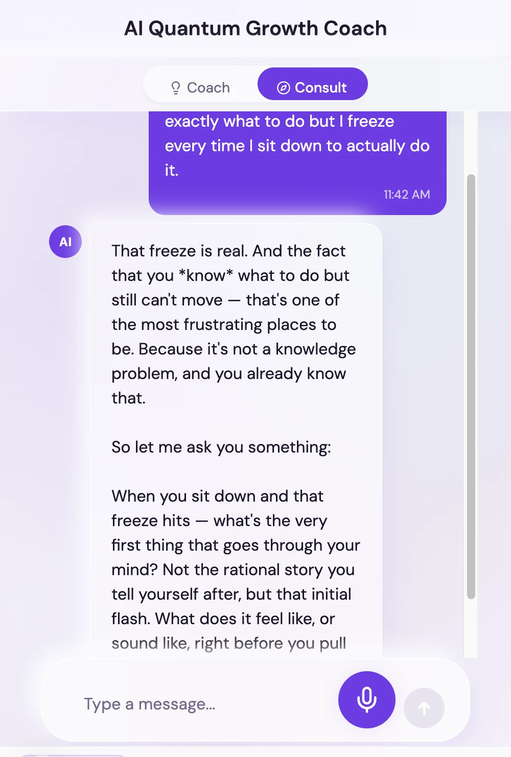 The live app in Consultant mode — Coach and Consultant are one tap apart