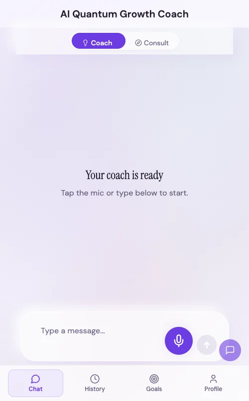 The real app on a fresh session — the mic is the primary control