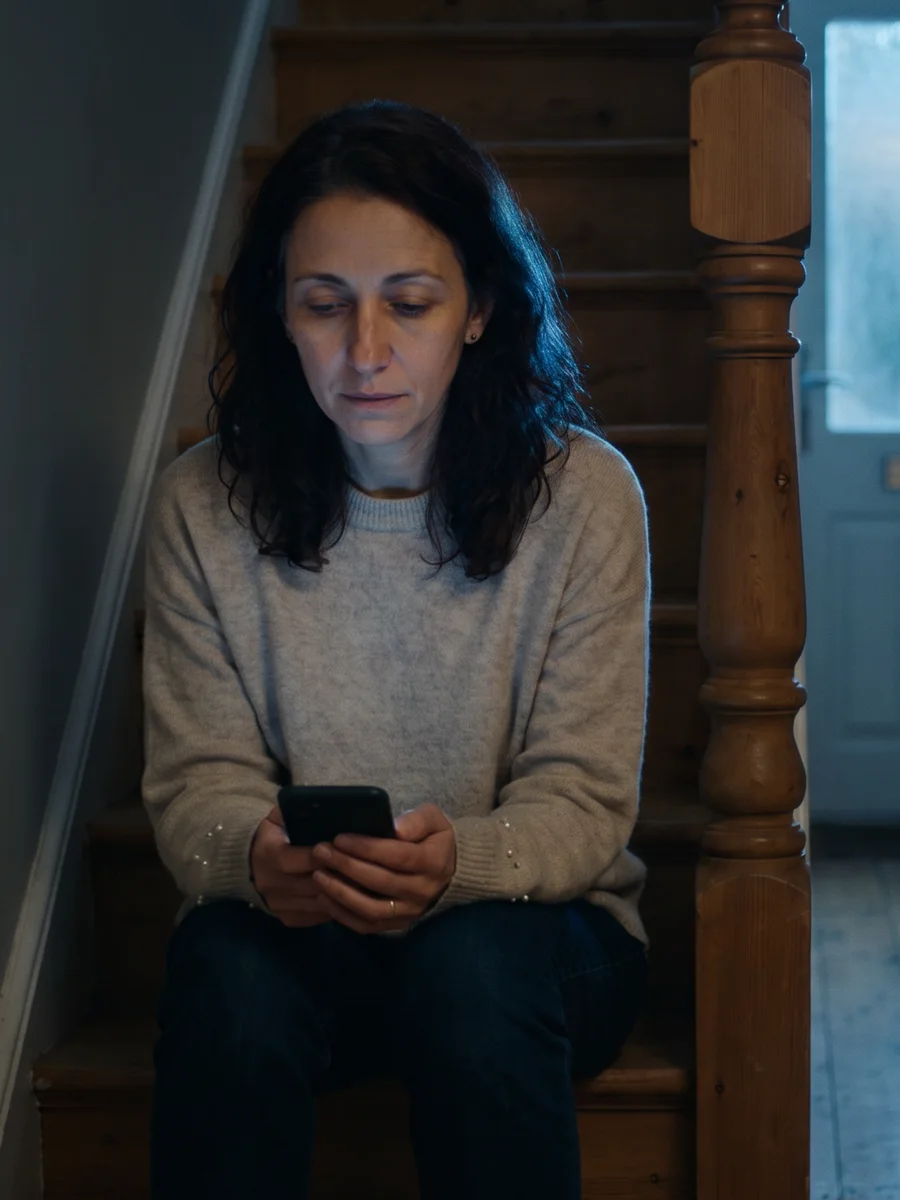 A woman sits alone on the bottom stair of her dark house late at night, lit by her phone, deep in thought.