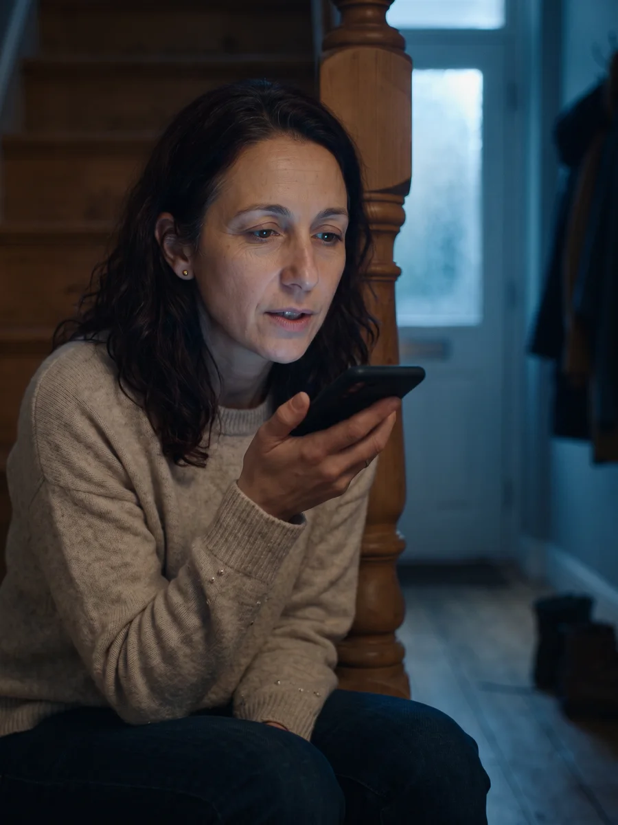 The same woman sits on the bottom stair late at night, calmly talking into her phone.
