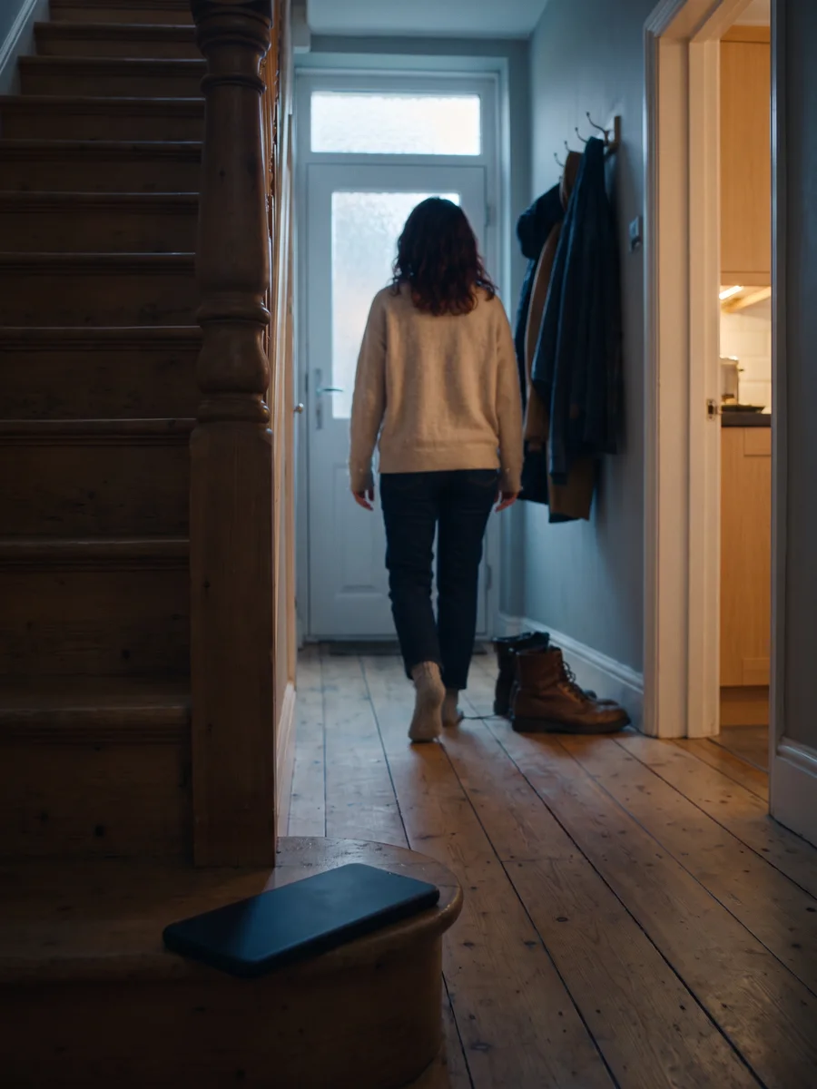 A woman walks down her hallway toward the lit kitchen in the early evening, her phone left face down on the bottom stair.