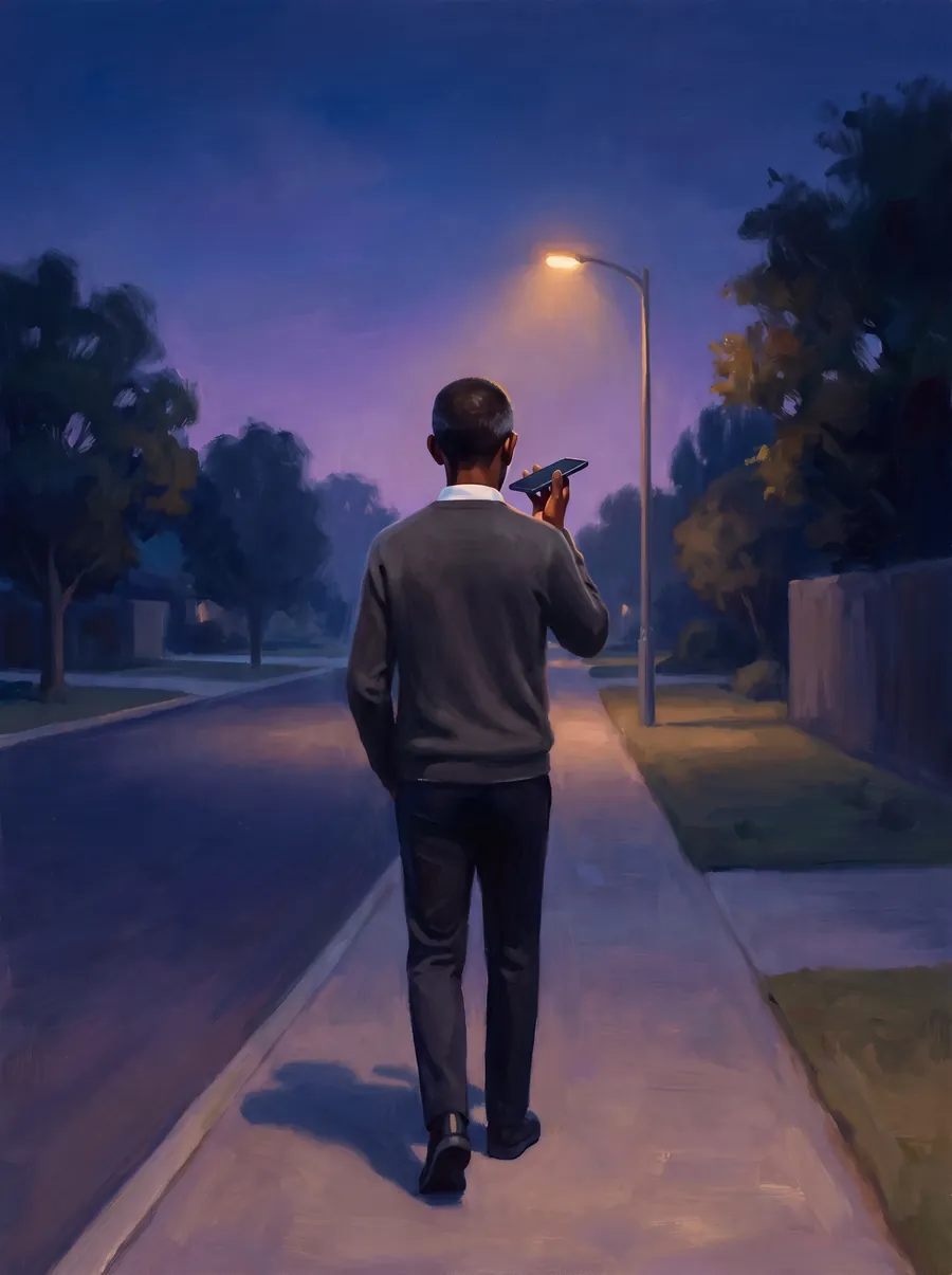 A man, seen from behind, walks along a quiet road at dusk, talking into his phone.